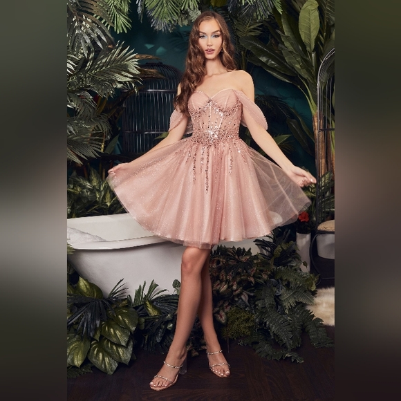 Off shoulder short glitter tulle beaded corset style dres - Picture 1 of 11